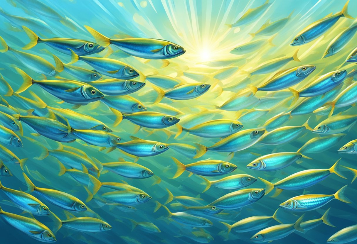 A school of mackerel fish swims gracefully through the crystal-clear waters, their iridescent scales shimmering in the sunlight