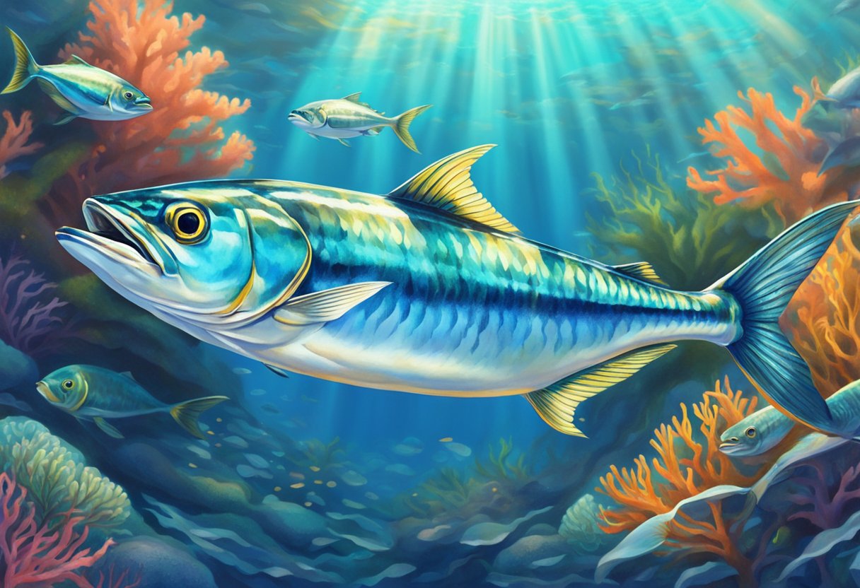 A mackerel fish swims gracefully through clear blue waters, surrounded by vibrant coral and seaweed. Sunlight filters down, highlighting its iridescent scales