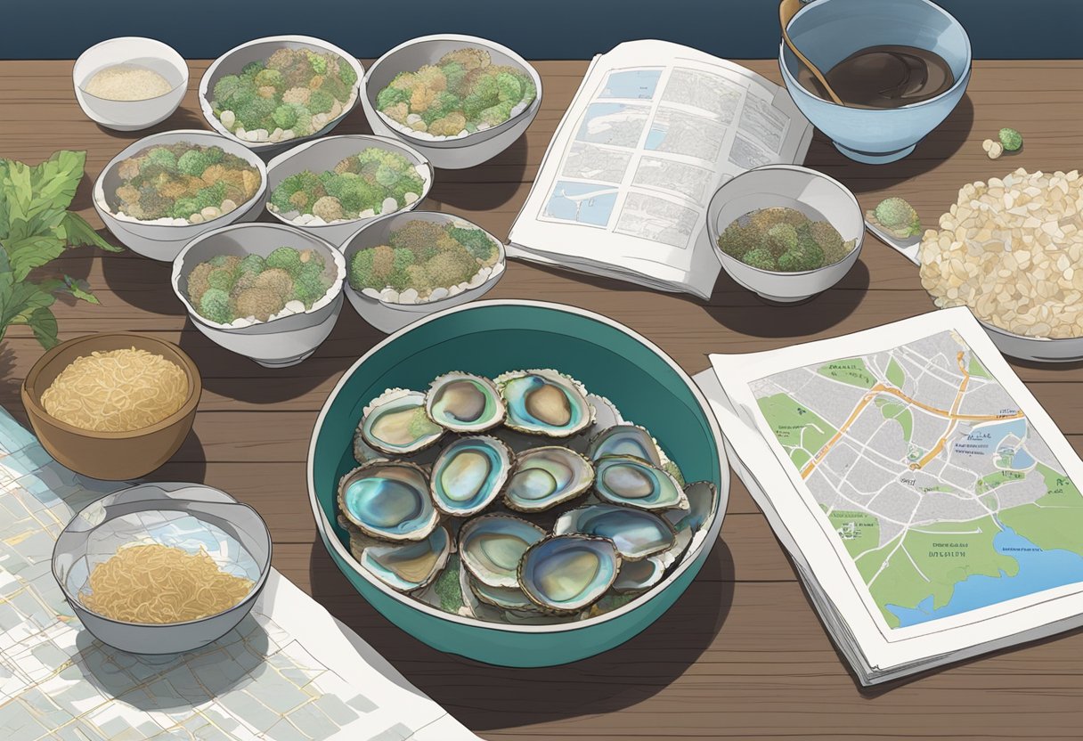 A table with a bowl of abalone shells, a sign with "Frequently Asked Questions" and a map of Singapore in the background