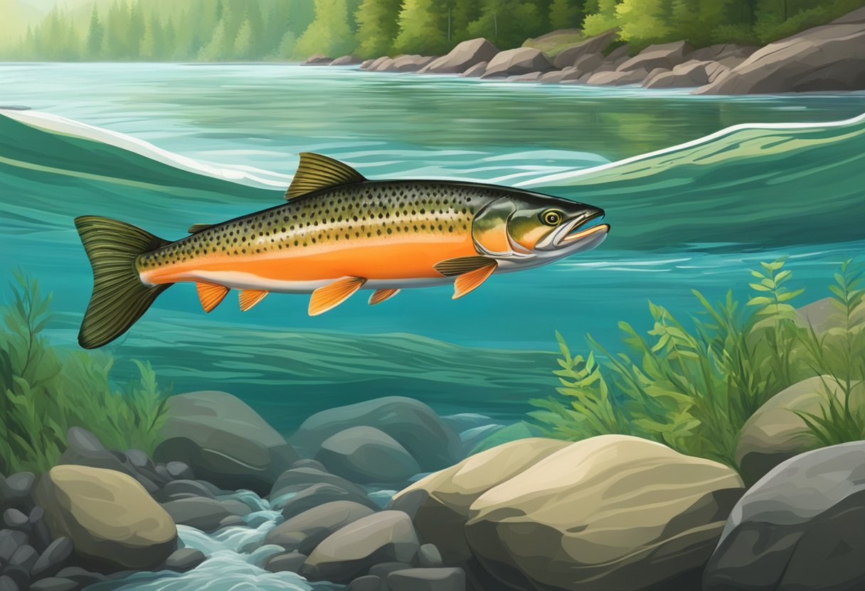 A salmon fish swimming upstream in a clear, rushing river, surrounded by rocky banks and lush green vegetation