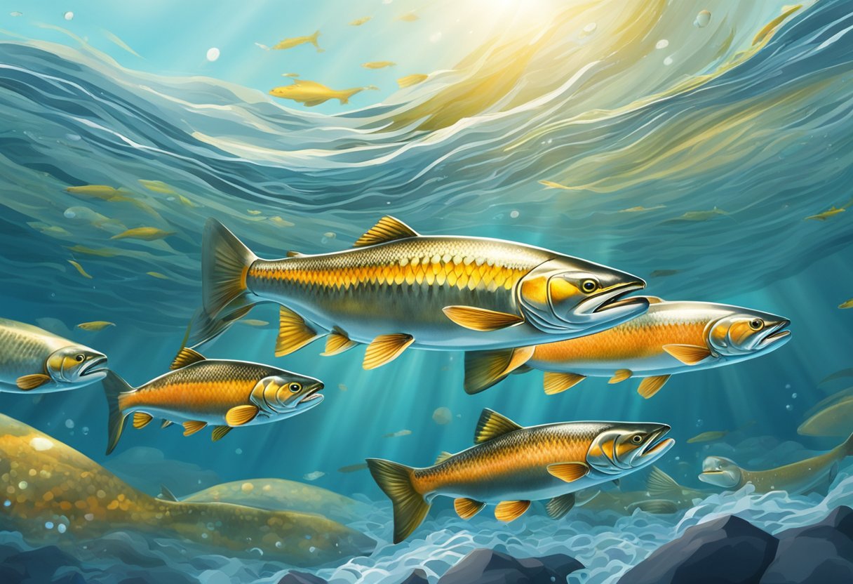 A school of salmon swim upstream in a crystal-clear river, their silver scales glistening in the sunlight as they navigate through the rushing water