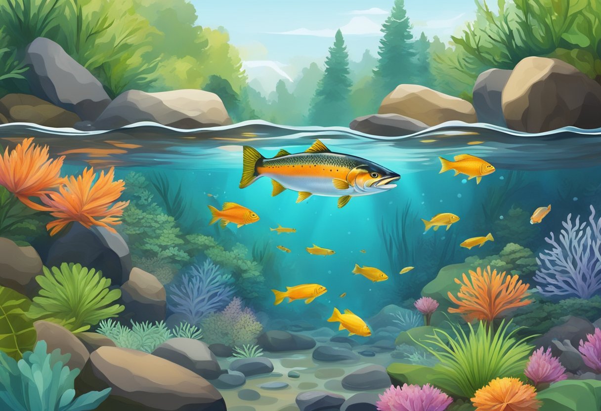 A salmon swims upstream, surrounded by a variety of colorful aquatic plants and rocks. The water is clear and the fish appears healthy and vibrant