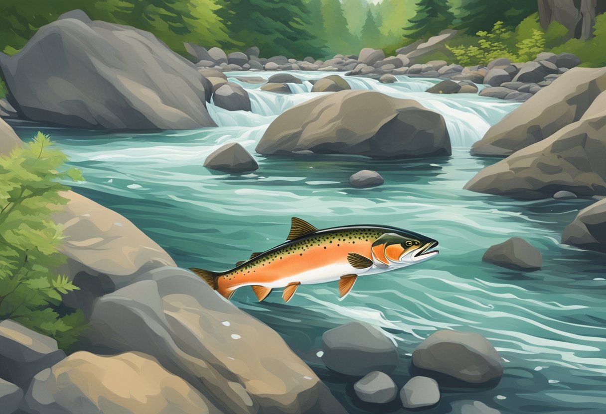 A salmon swimming upstream in a clear, flowing river, surrounded by rocks and greenery