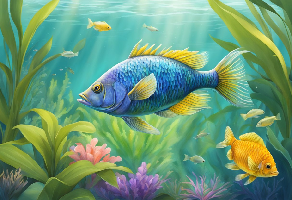 A toman fish swims gracefully through clear, sunlit waters, surrounded by vibrant aquatic plants and small, colorful fish