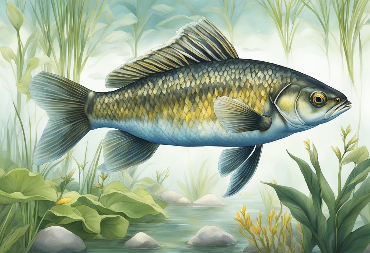 The toman fish swims swiftly through the clear, freshwater habitat, surrounded by aquatic plants and small fish
