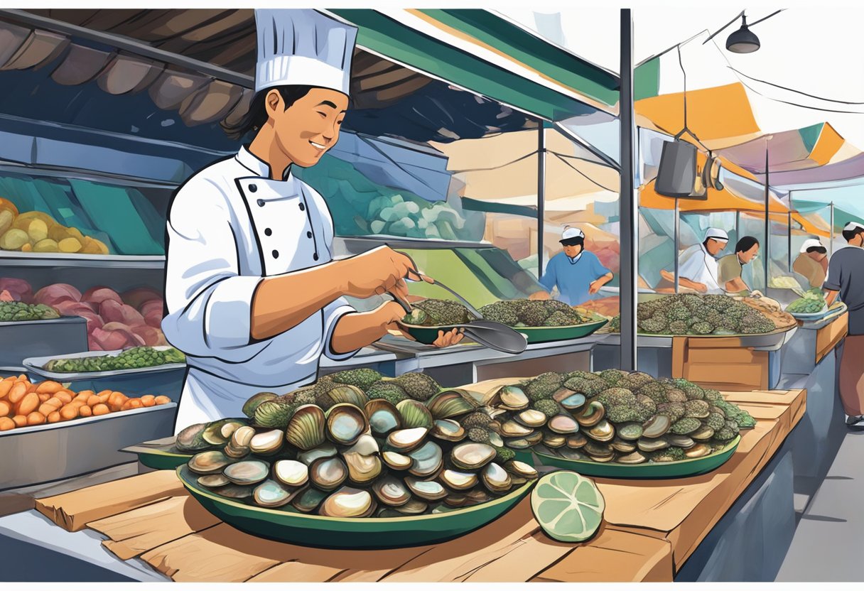 A chef prepares fresh Australian abalone at a bustling market stall. The vibrant colors and bustling activity create an energetic atmosphere