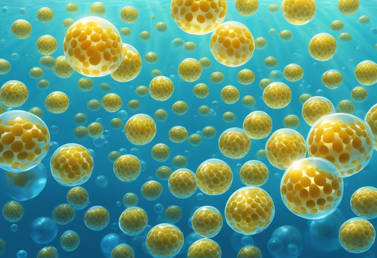 A school of tiny fish roe floats in the clear blue water, glinting in the sunlight. The translucent spheres create a mesmerizing pattern against the backdrop of the ocean floor