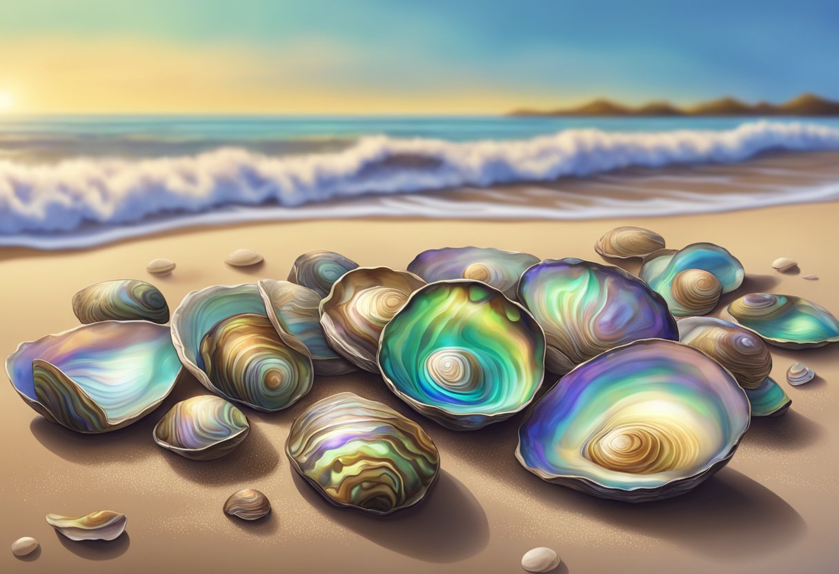 A colorful array of abalone shells scattered on a sandy beach with waves crashing in the background