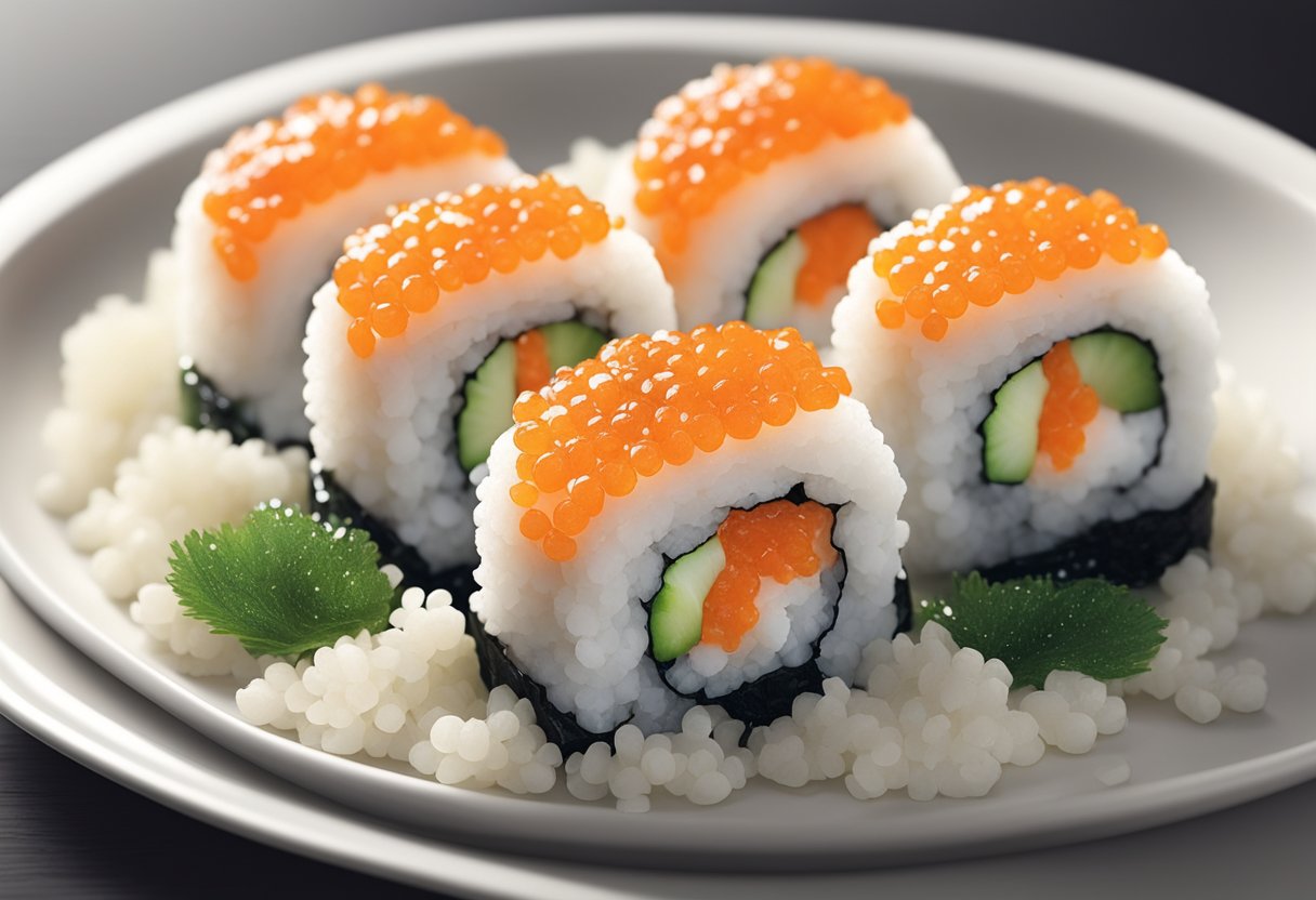 Fish roe glistening on a bed of sushi rice, served with a dollop of wasabi and a sprinkle of seaweed
