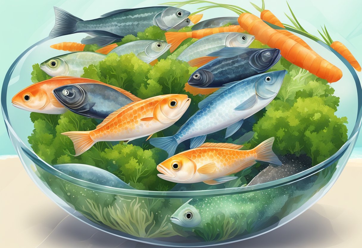 A clear glass bowl filled with glistening fish roe, surrounded by fresh seaweed and a variety of colorful vegetables. The background shows a pristine ocean with a school of fish swimming by