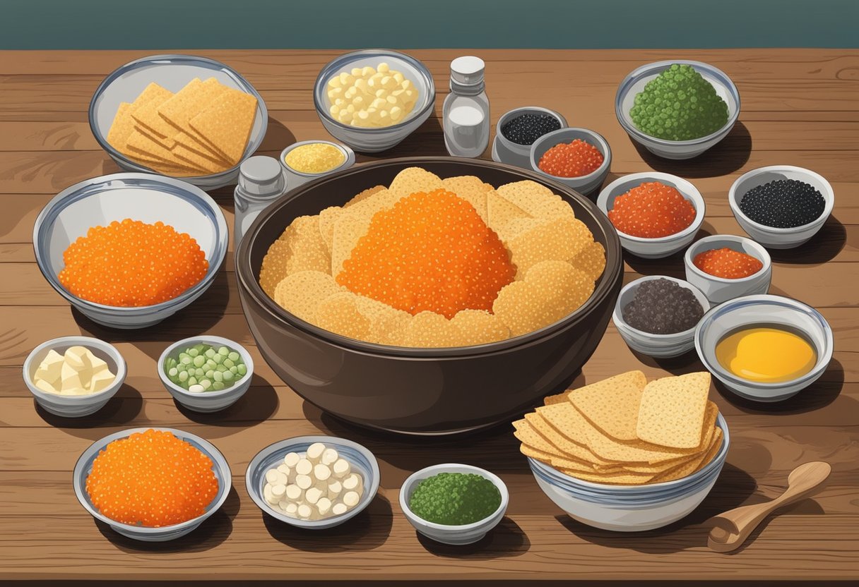 A bowl of fish roe surrounded by small dishes of condiments and a stack of crackers on a wooden table