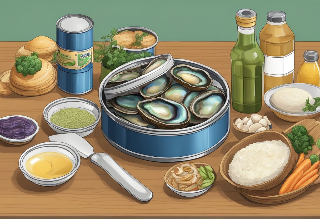 A can of abalone sits open on a kitchen counter, surrounded by ingredients for a gourmet meal