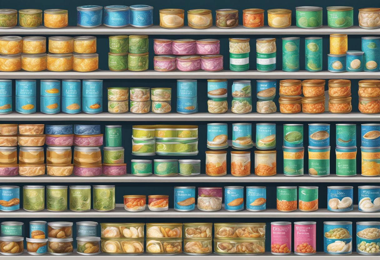 A display of Market Insights canned abalone, stacked neatly on shelves with vibrant packaging, surrounded by other seafood products