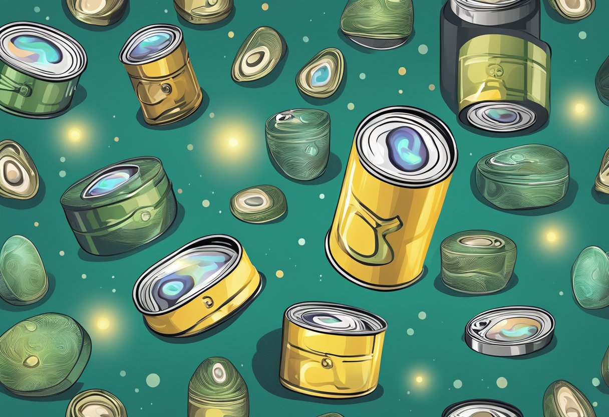 A can of abalone surrounded by question marks, with a spotlight shining on it