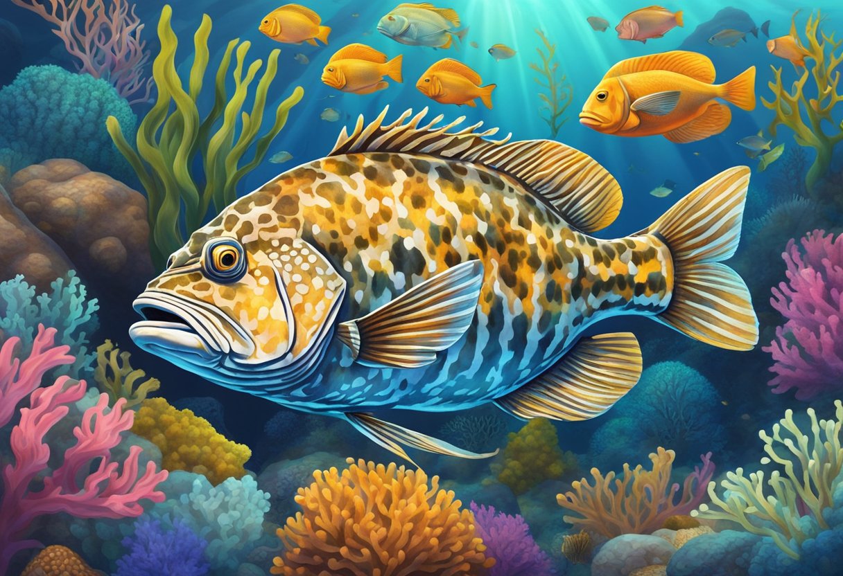 A large grouper fish swims gracefully among colorful coral and sea plants in a vibrant underwater reef