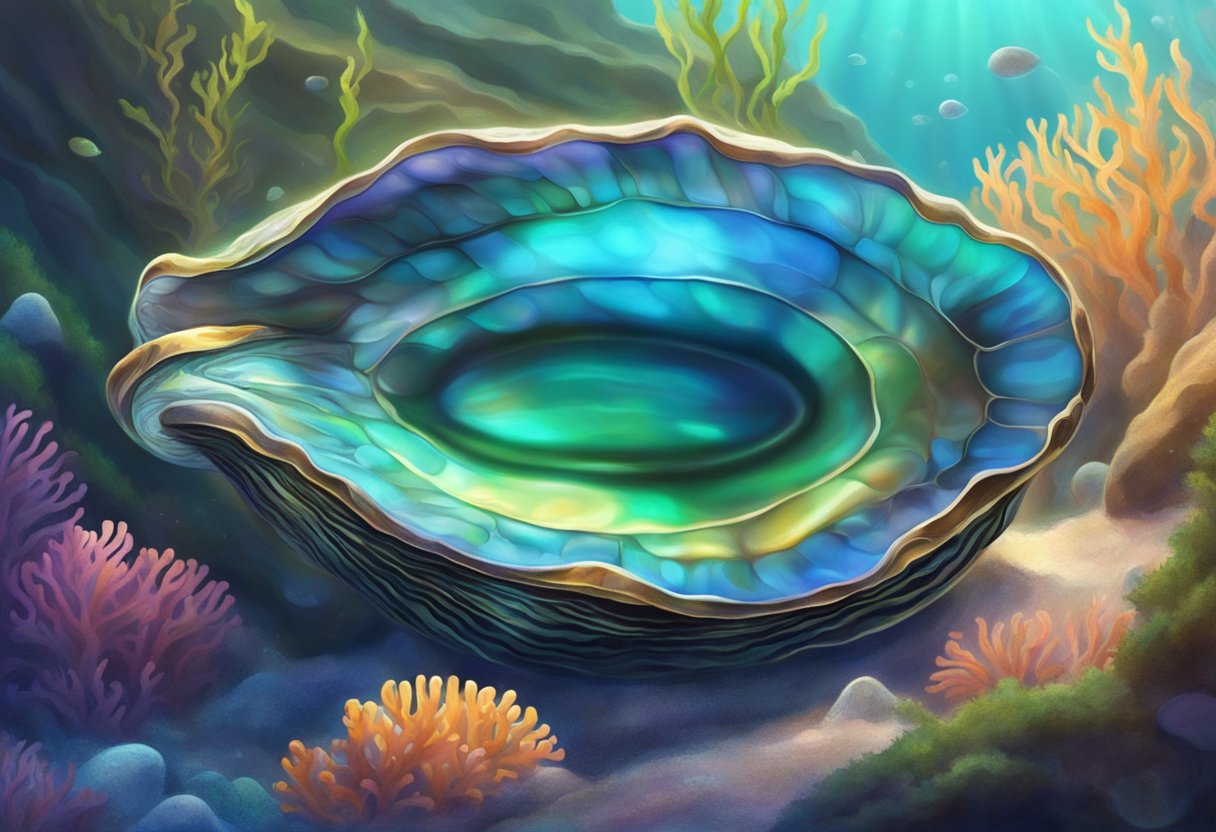 A live abalone rests on a rocky ocean floor, surrounded by swaying seaweed and colorful marine life. Sunlight filters through the water, casting a gentle glow on the scene