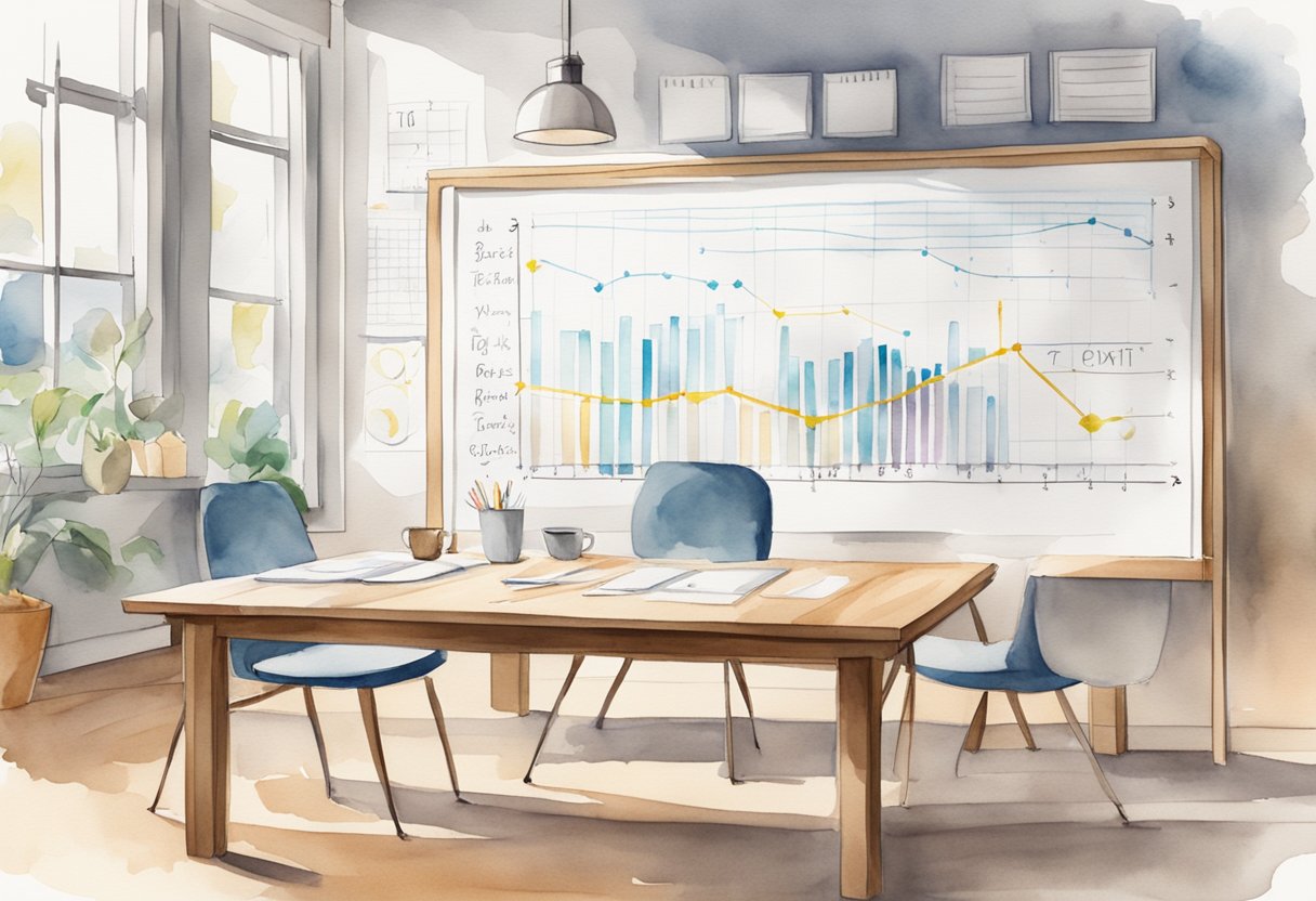 A table with a clear plan and goal written on a whiteboard, surrounded by charts and graphs