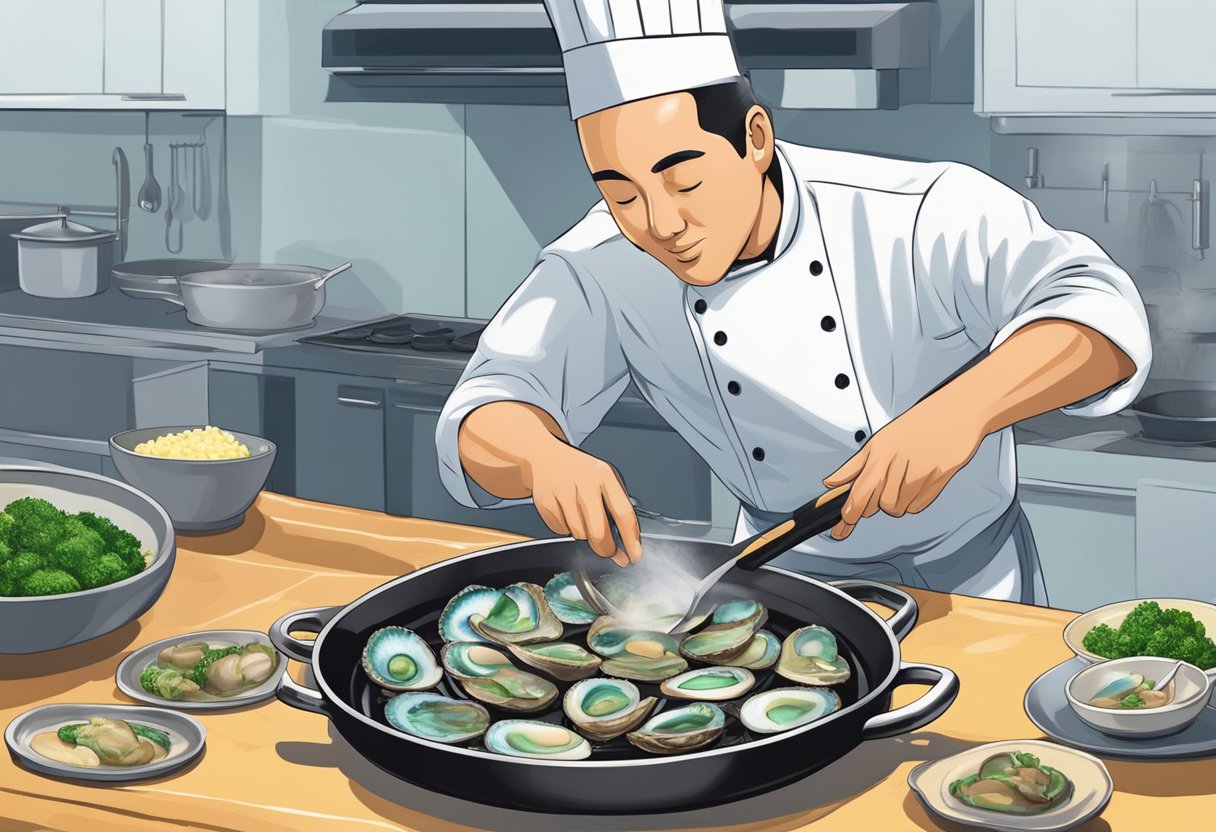 A chef tenderizes and slices live abalone, then cooks it in a sizzling pan with garlic and butter, creating a mouthwatering aroma
