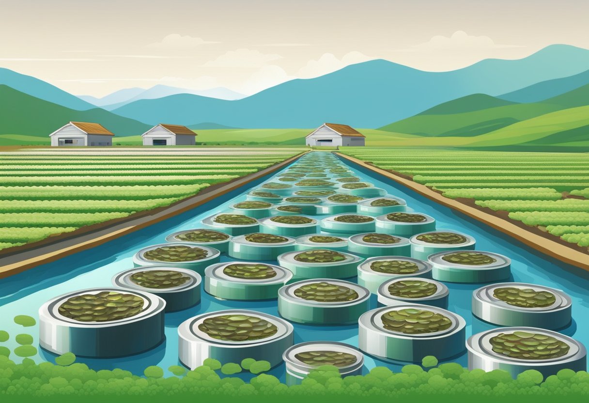Abalone tanks in a Chinese farm, with rows of circular tanks filled with water and abalone. The farm is surrounded by green hills and a clear blue sky