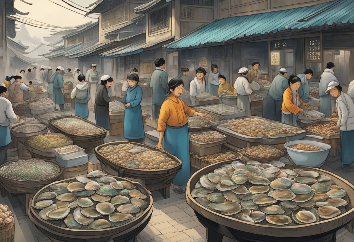 The bustling abalone market in China, with vendors negotiating prices and customers examining the fresh seafood