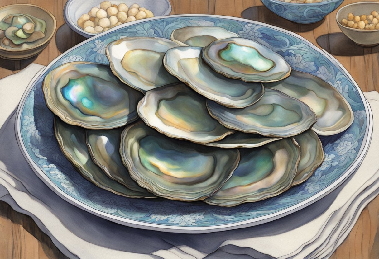 A stack of abalone shells arranged on a delicate china plate, surrounded by curious onlookers