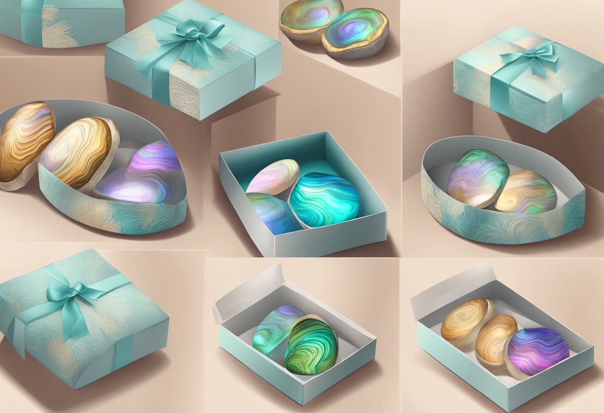 A hand reaches out to open a luxurious gift box, revealing a set of beautifully packaged abalone products nestled inside