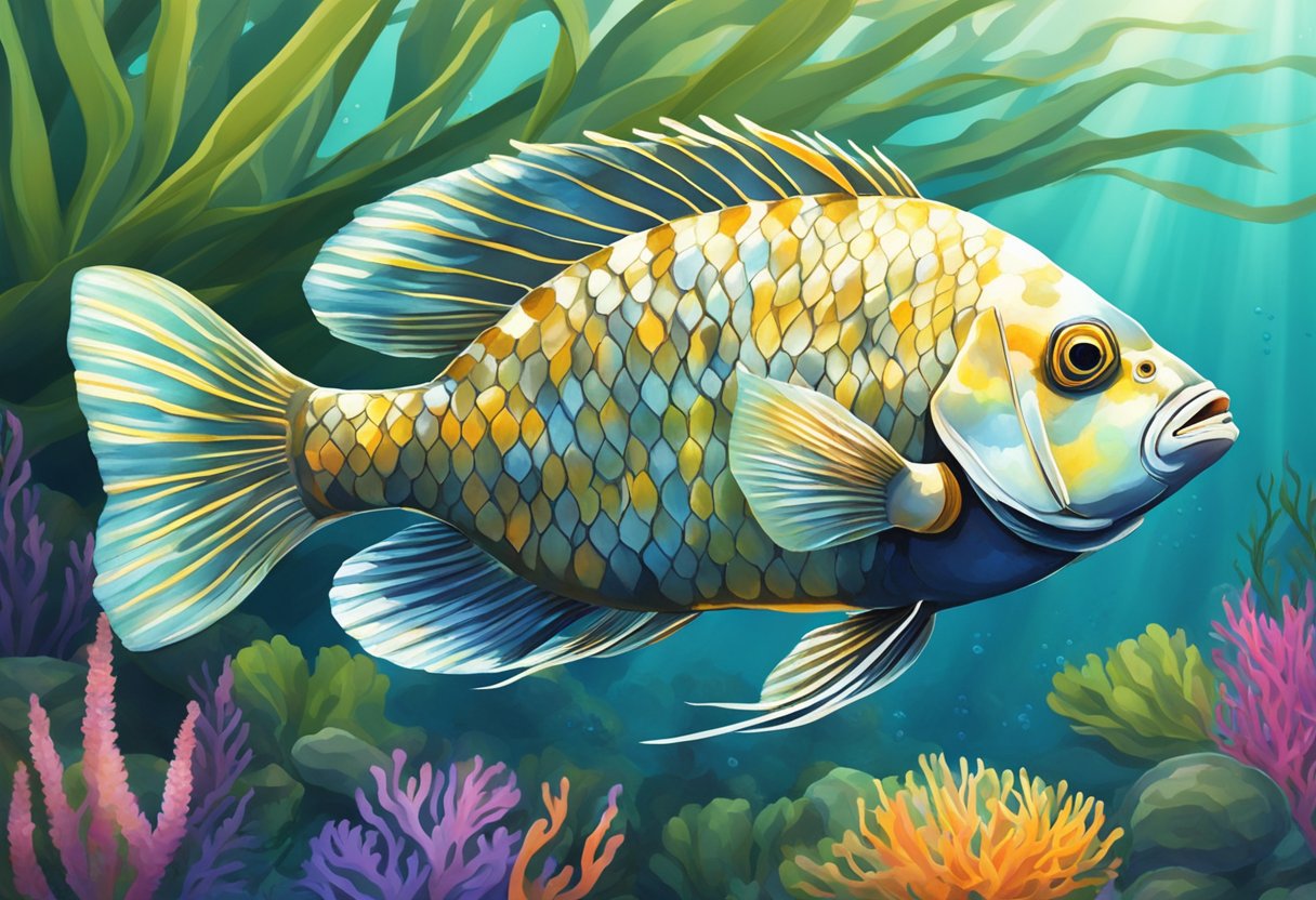A tilapia fish swims gracefully through clear, sunlit waters, surrounded by vibrant aquatic plants and colorful coral reefs