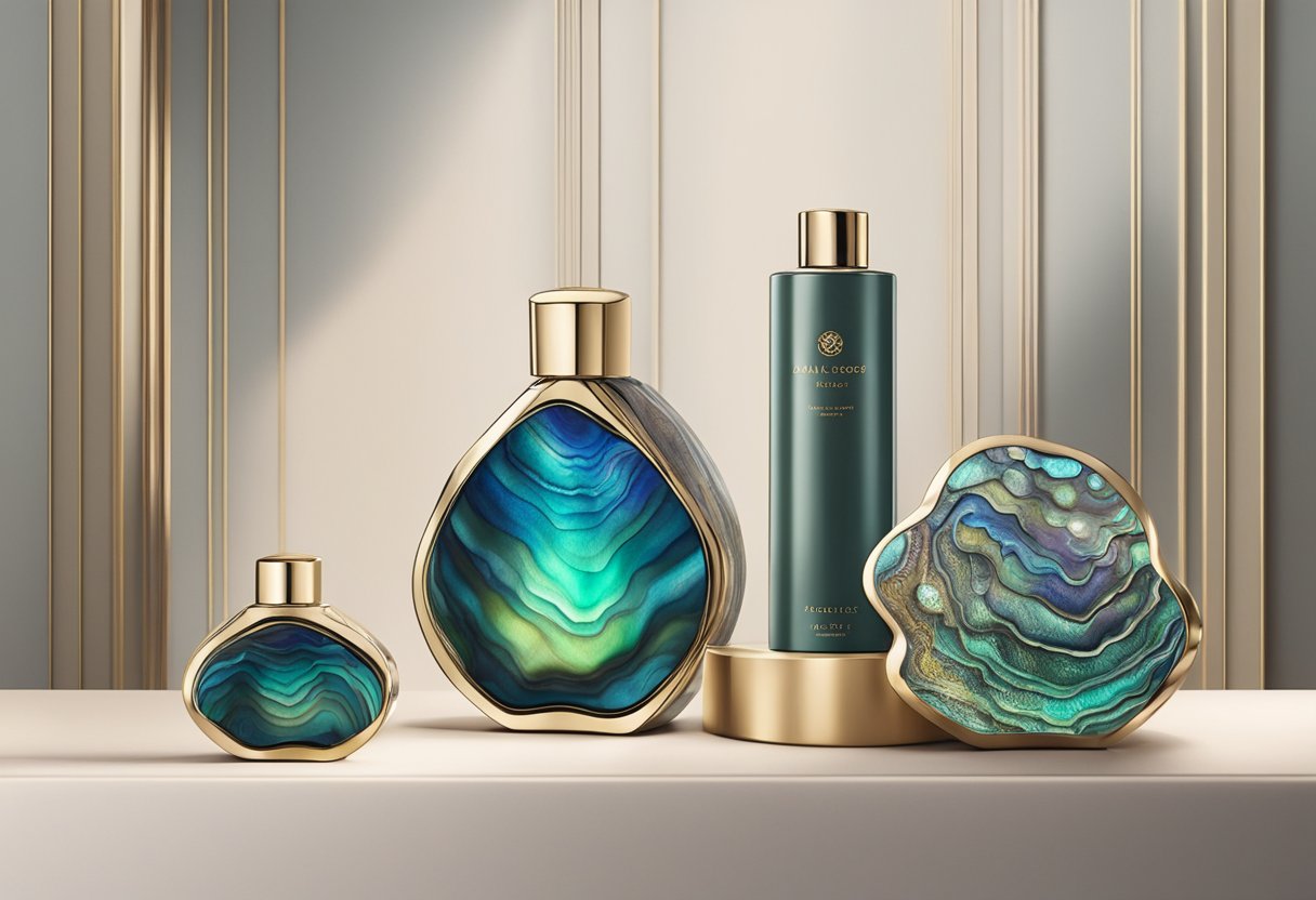 A beautifully arranged abalone gift set displayed on a luxurious velvet-lined shelf, surrounded by soft ambient lighting and elegant packaging