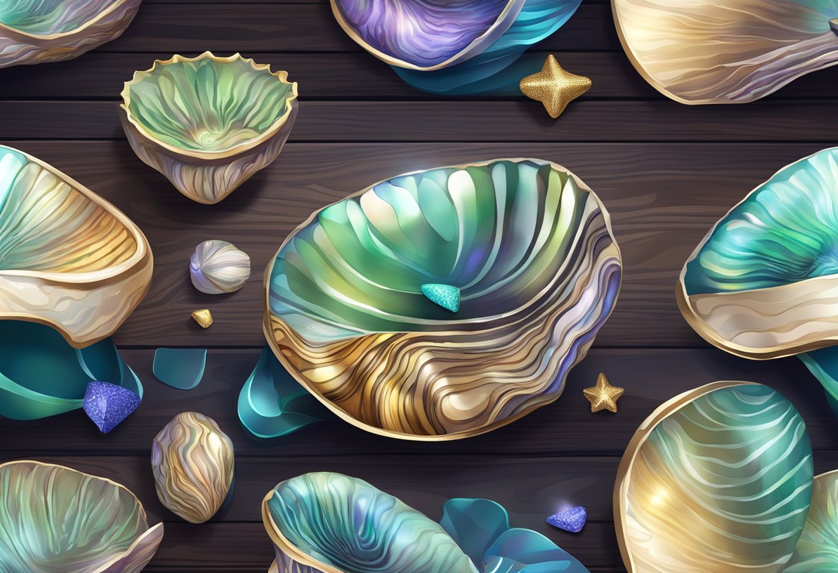 A beautiful abalone gift set displayed on a wooden table with a soft spotlight highlighting the intricate details of the shells and the luxurious packaging