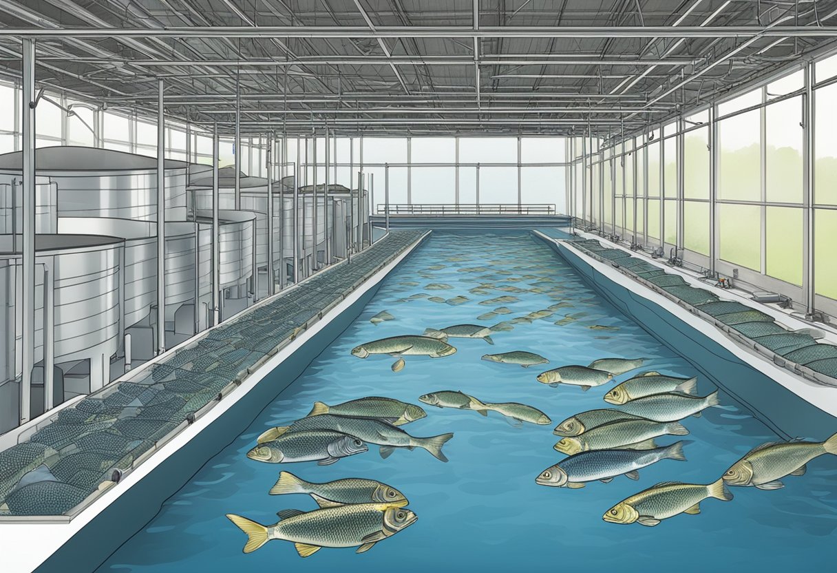 Tilapia swimming in large aquaculture tanks, surrounded by feeding equipment and aeration systems