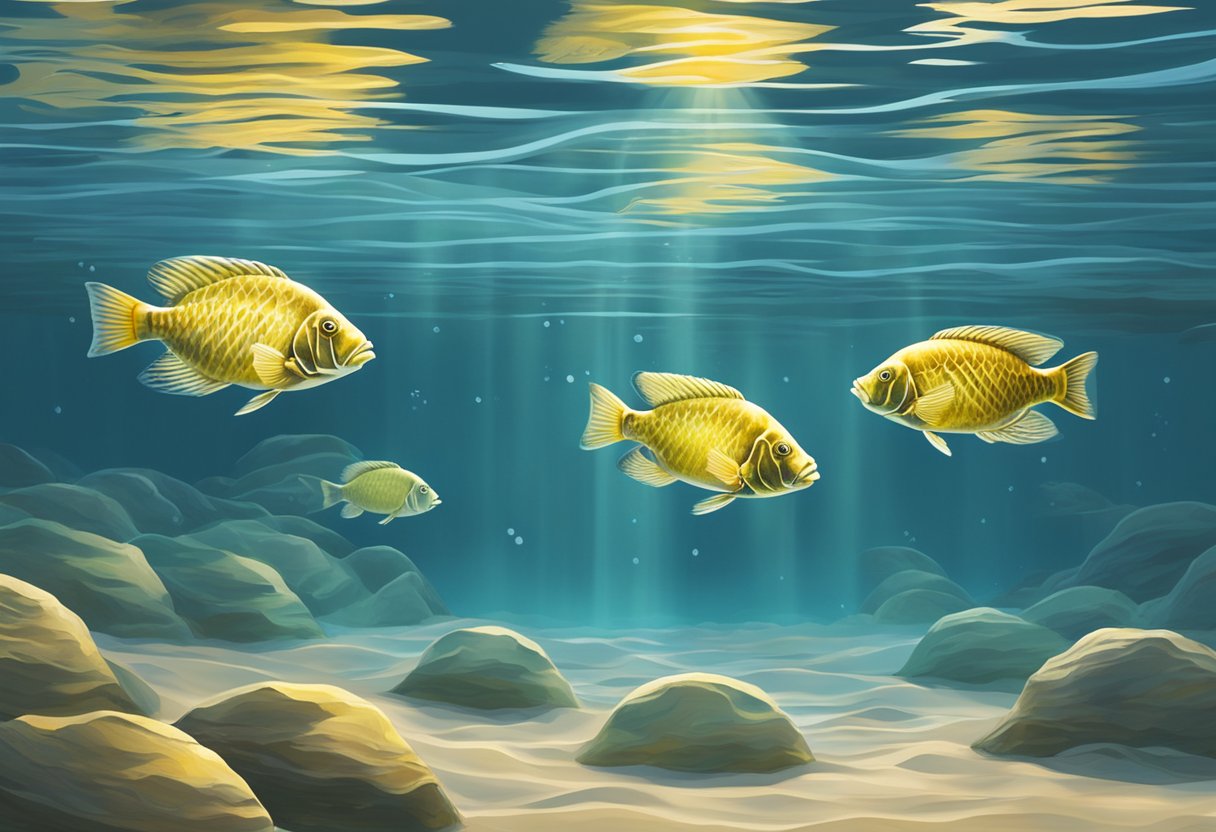 A school of tilapia swimming in a clear freshwater pond, with sunlight filtering through the surface and creating patterns on the sandy bottom