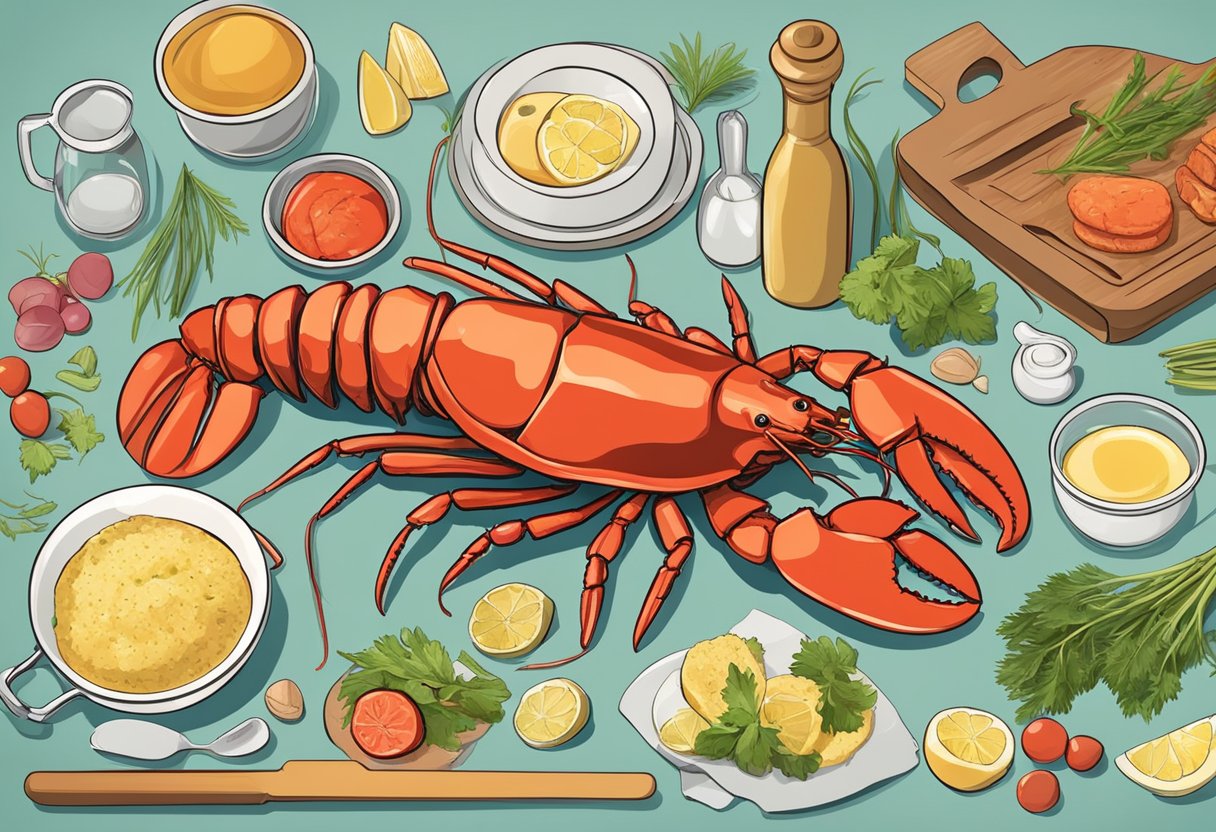 A lobster being prepared for cuisine, surrounded by various kitchen utensils and ingredients