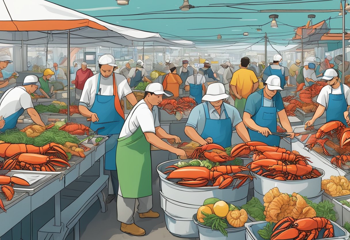 A bustling seafood market with colorful lobster tanks and vendors shucking fresh lobsters for eager customers