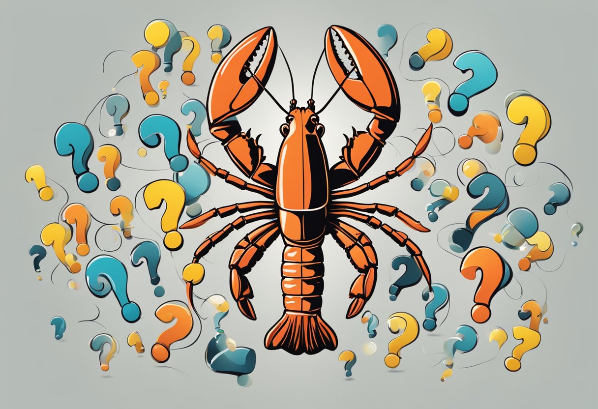 A lobster surrounded by question marks, with a spotlight on it