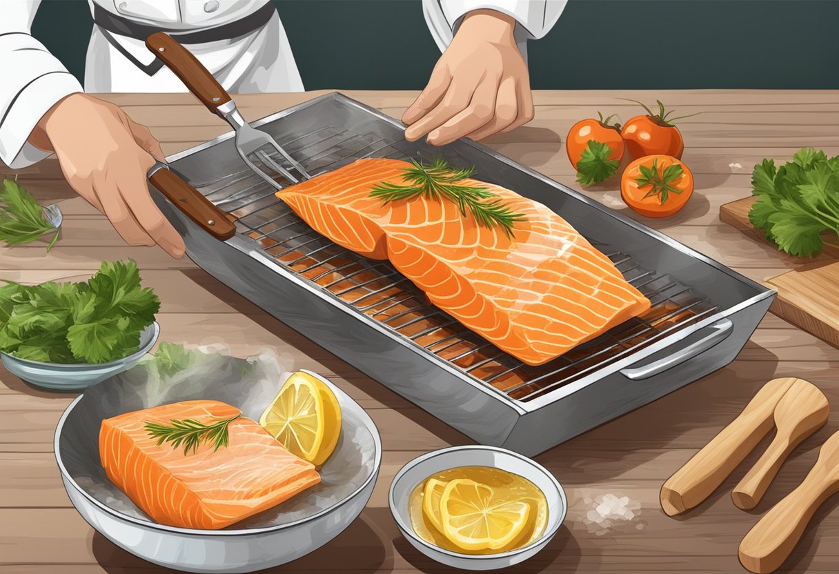 A chef seasons and marinates a fresh fish fillet before grilling it