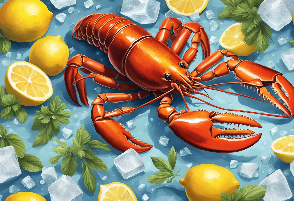 A Boston lobster sits on a bed of ice, surrounded by vibrant lemons, fresh herbs, and a drizzle of melted butter