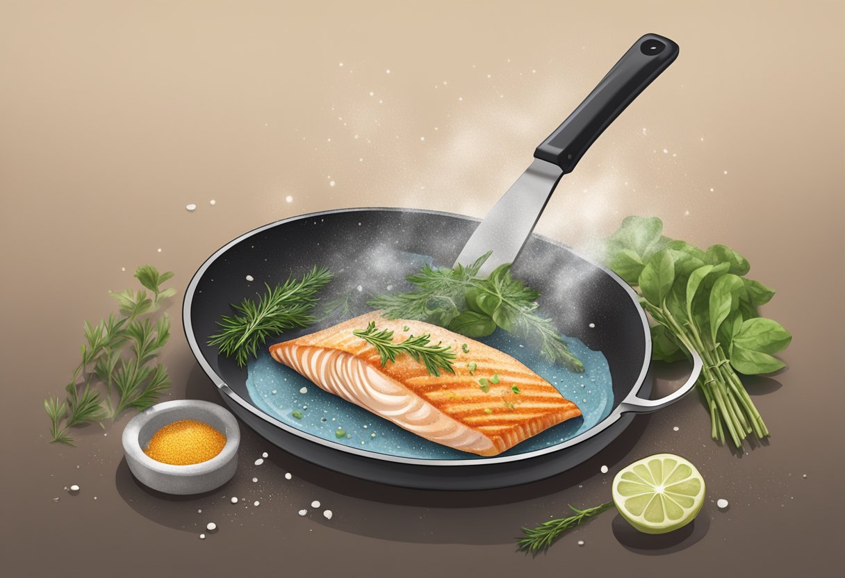 A fish fillet sizzling in a hot pan, being carefully flipped with a spatula. Seasonings and herbs scattered nearby