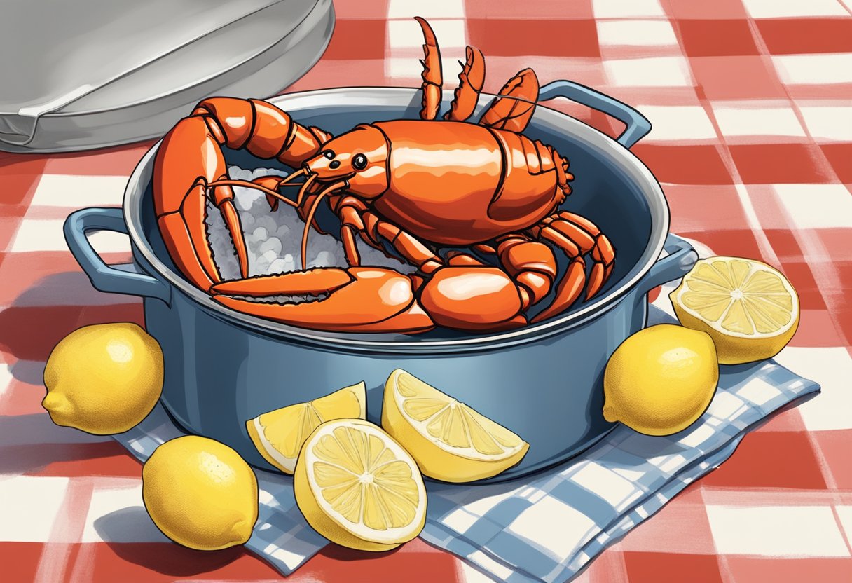 A steaming pot of Boston lobster sits on a checkered tablecloth, surrounded by drawn butter and lemon wedges