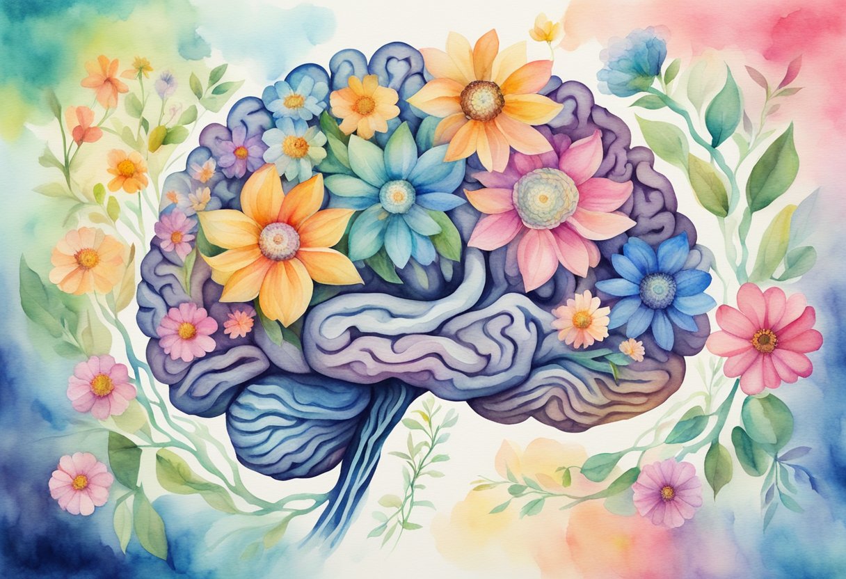 A vibrant brain with interconnected pathways, surrounded by blooming flowers and expanding roots, symbolizing the growth mindset and neuroplasticity