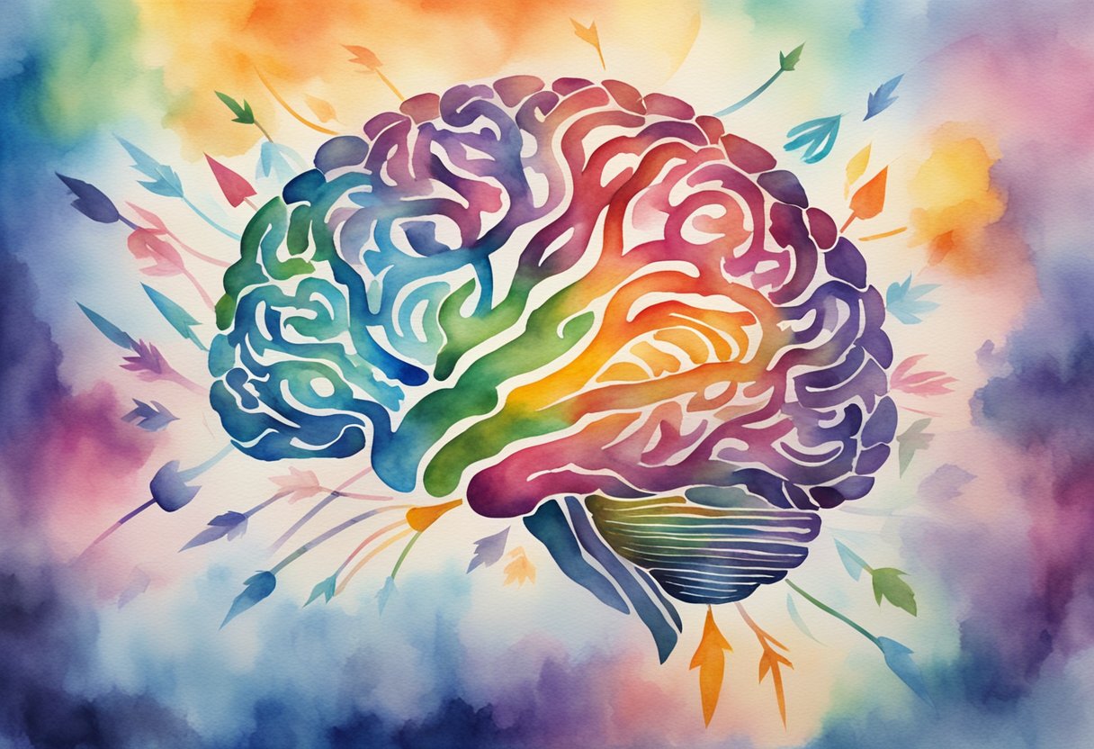 A vibrant brain surrounded by arrows representing growth and change, with a backdrop of swirling patterns symbolizing flexibility and adaptability