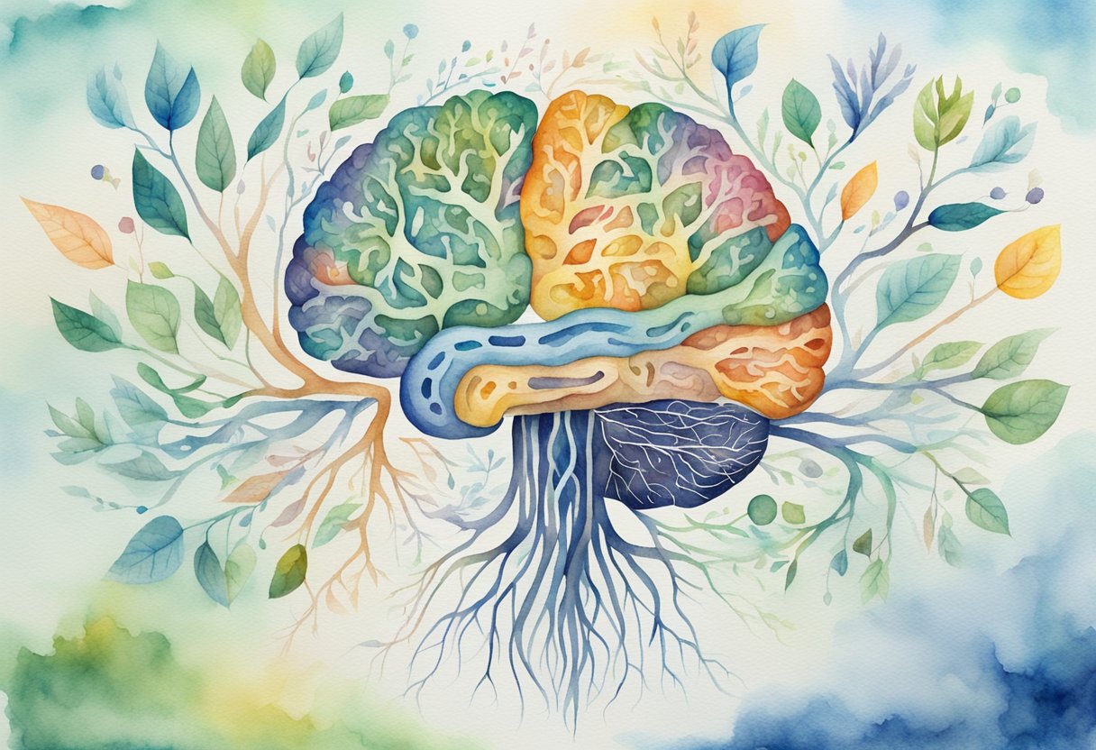 A brain with interconnected pathways, growing and adapting. Positive affirmations and mental health symbols surround it, representing neuroplasticity and growth mindset