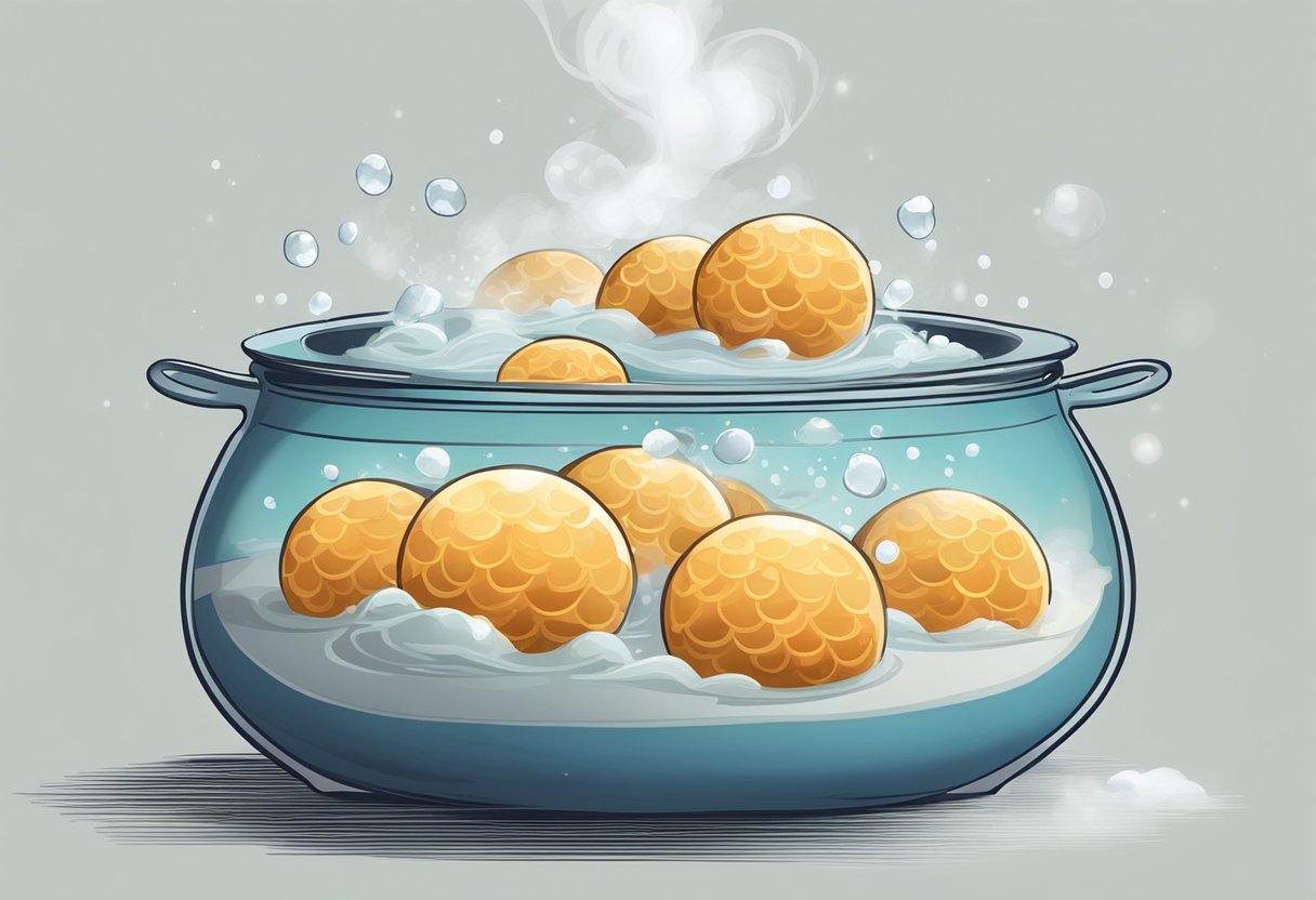 A pot of boiling water with fish balls floating, steam rising
