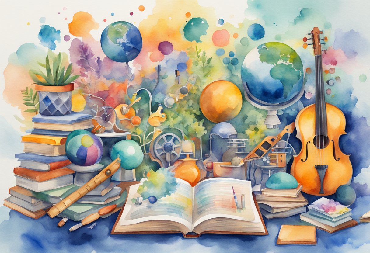 Various hobbies and activities surround a growing brain, symbolizing neuroplasticity and a growth mindset. Books, musical instruments, sports equipment, and art supplies are scattered around, with vibrant colors and dynamic shapes