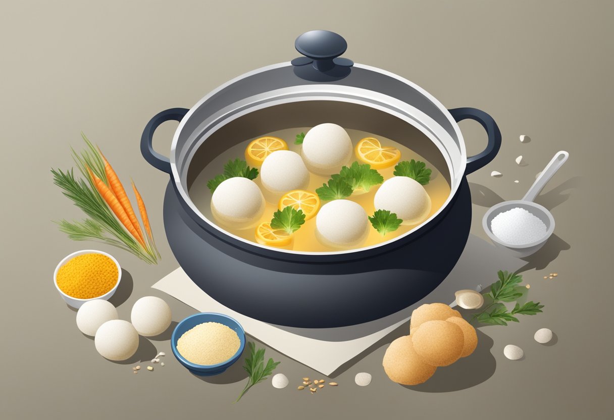 A pot of boiling water with fish balls floating, surrounded by ingredients like fish, flour, and seasoning