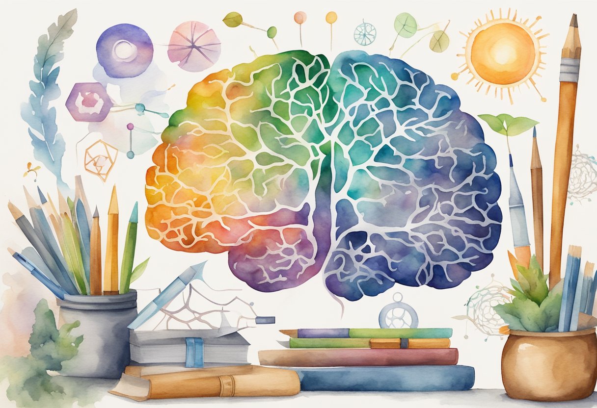 A brain with branching neural pathways, surrounded by educational tools and symbols of growth mindset