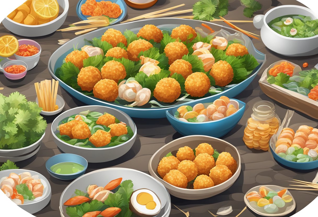 A table set with colorful dishes of fish balls, surrounded by lively conversation and laughter, symbolizing the cultural significance and serving suggestions of this popular snack