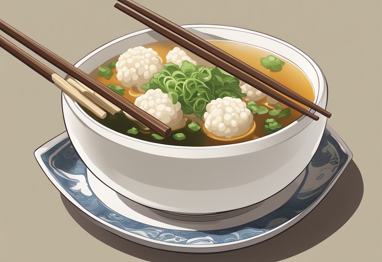 A bowl of fish balls in a savory broth, surrounded by chopsticks and a small dish of dipping sauce