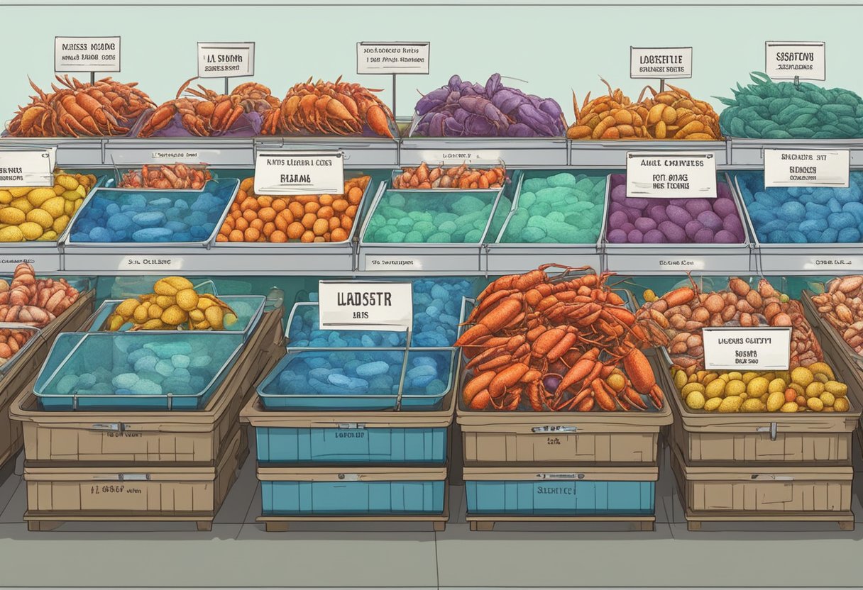 Various live lobster varieties in tanks, labeled, at a seafood market in Singapore