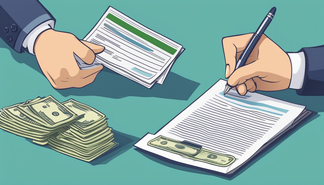 A person signs a contract with a money lender for a debt consolidation loan. The lender hands over a sum of money to the borrower