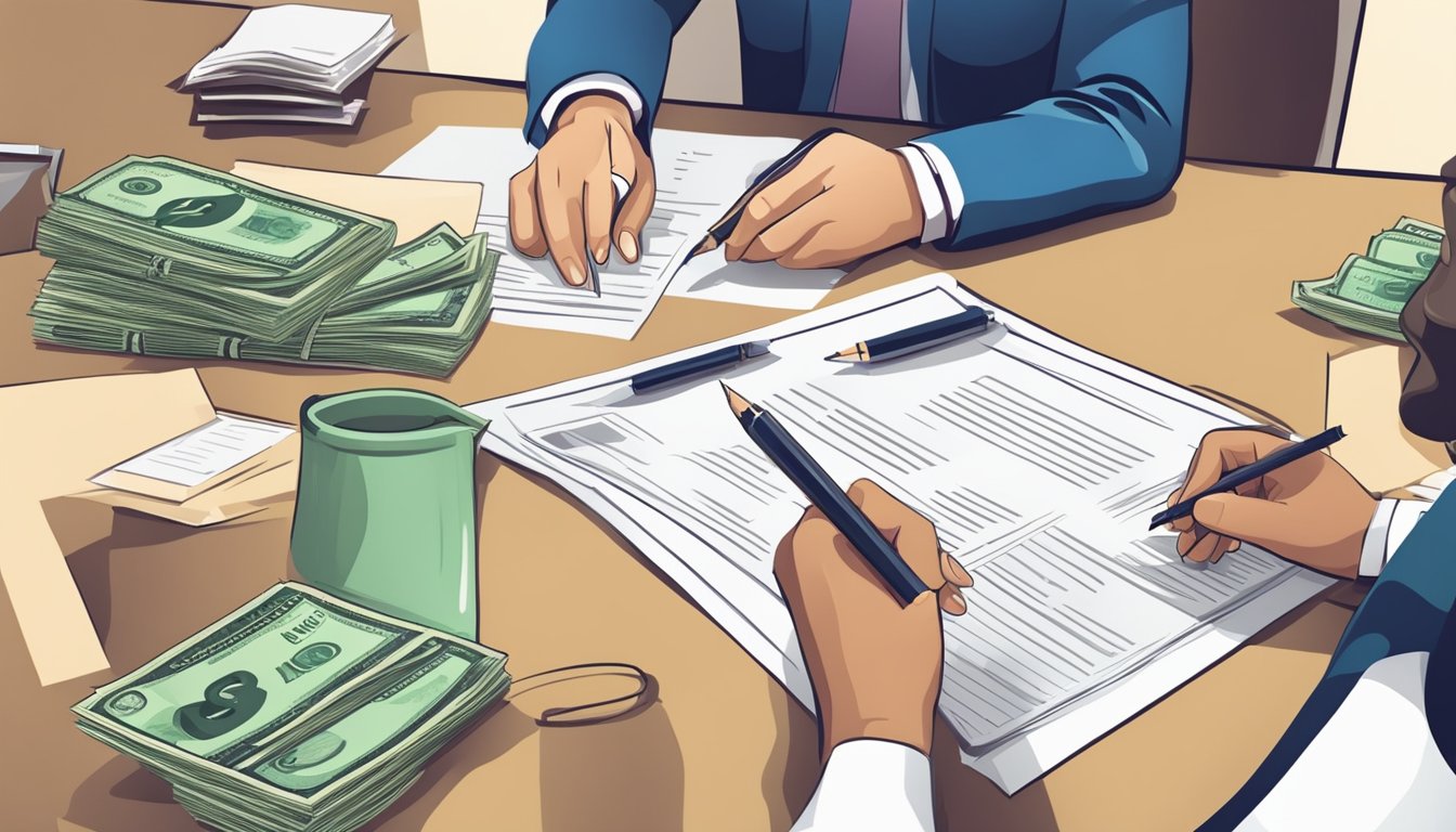 A person signing a loan agreement with a money lender for a debt consolidation loan